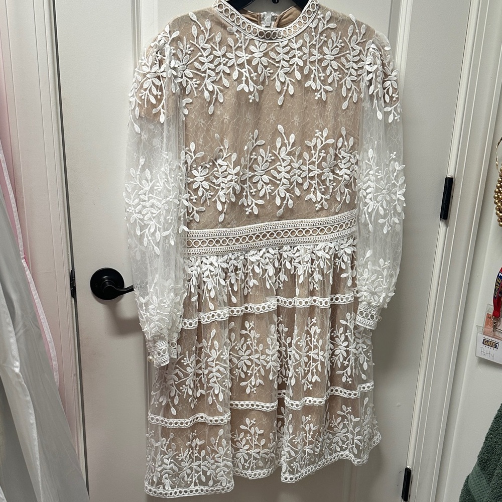 NWT Women’s Ivy City Comp. Sheer Embroidered Floral Lace Dress in Nude and White